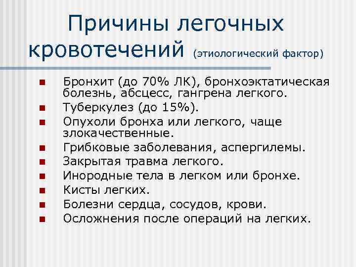   Причины легочных кровотечений (этиологический фактор) n  Бронхит (до 70% ЛК), бронхоэктатическая