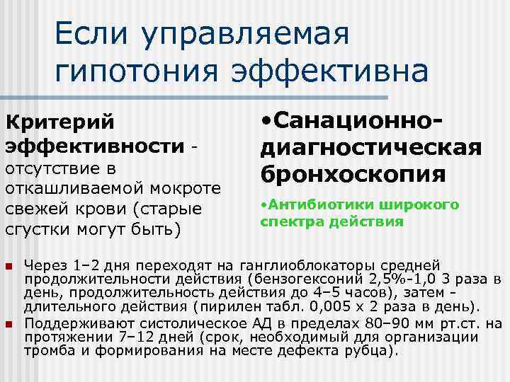   Если управляемая  гипотония эффективна Критерий     • Санационно-