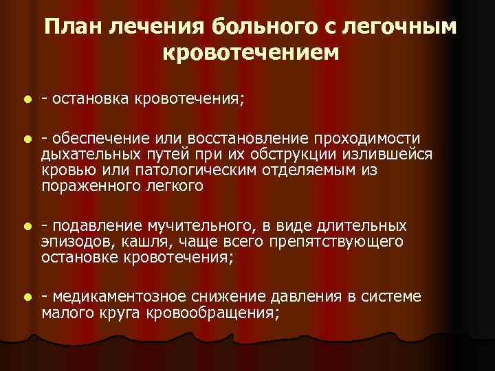  План лечения больного с легочным   кровотечением l  - остановка