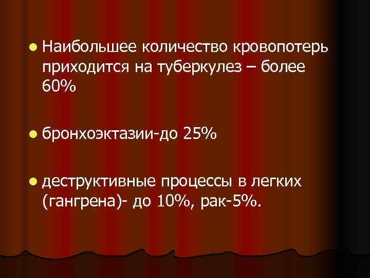 l Наибольшее количество кровопотерь приходится на туберкулез – более 60% l бронхоэктазии-до  25%