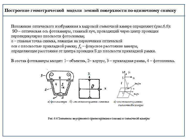 Построение геометрической модели земной поверхности по одиночному снимку Положение оптического изображения в кадровой съемочной