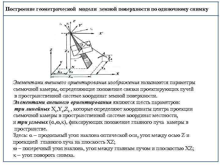 Элементы ориентации. Фотограмметрия элементы ориентирования одиночного снимка. Элементы внешнего ориентирования сканерных съёмочных систем. Элементы внешнего ориентирования снимка. Оценка элементов внешнего ориентирования модели.