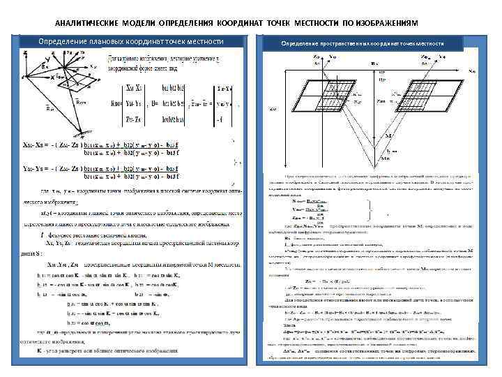 АНАЛИТИЧЕСКИЕ МОДЕЛИ ОПРЕДЕЛЕНИЯ КООРДИНАТ ТОЧЕК МЕСТНОСТИ ПО ИЗОБРАЖЕНИЯМ Определение плановых координат точек местности Определение
