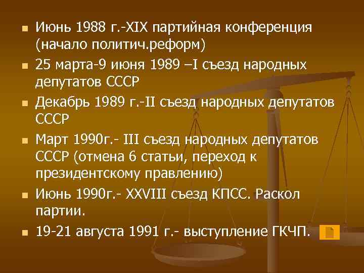 n  Июнь 1988 г. -ХIХ партийная конференция (начало политич. реформ) n  25