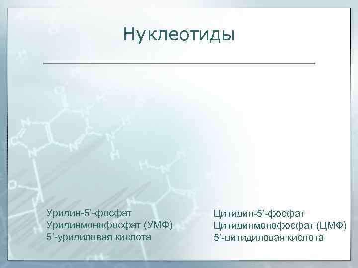    Нуклеотиды Уридин-5’-фосфат   Цитидин-5’-фосфат Уридинмонофосфат (УМФ)  Цитидинмонофосфат (ЦМФ) 5’-уридиловая
