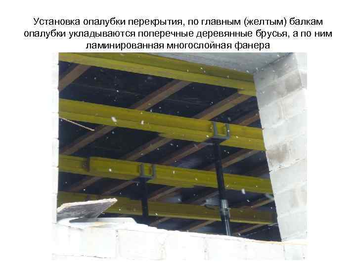 Установка опалубки перекрытия, по главным (желтым) балкам опалубки укладываются поперечные деревянные брусья, а по