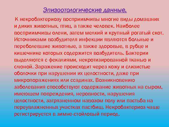 Эпизоотологические данные. К некробактериозу восприимчивы многие виды домашних и диких животных, птиц, а также
