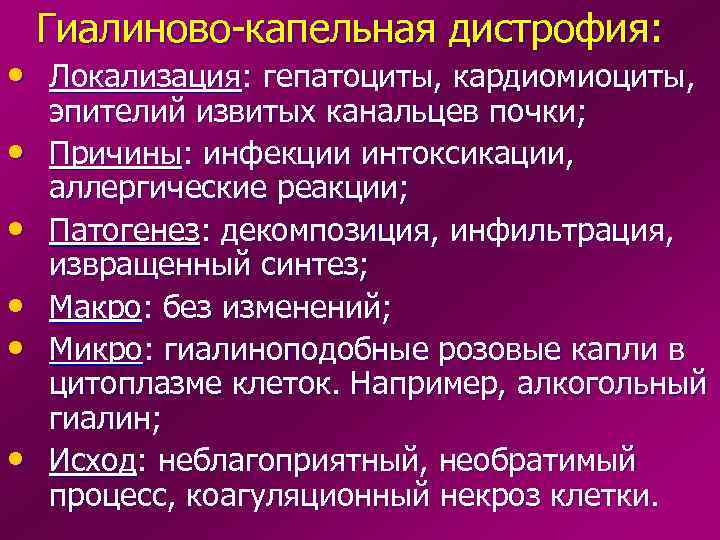   Гиалиново-капельная дистрофия:  • Локализация: гепатоциты, кардиомиоциты, эпителий извитых канальцев почки; 