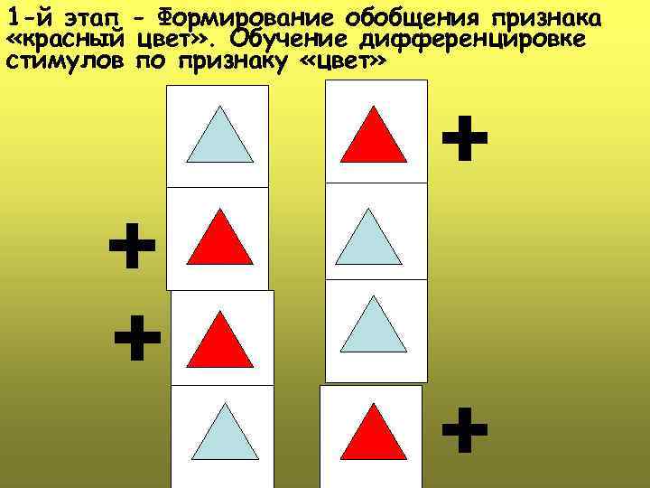 1 -й этап - Формирование обобщения признака «красный цвет» . Обучение дифференцировке стимулов по
