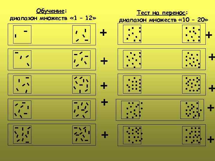 Обучение: диапазон множеств « 1 – 12» Тест на перенос: диапазон множеств « 10