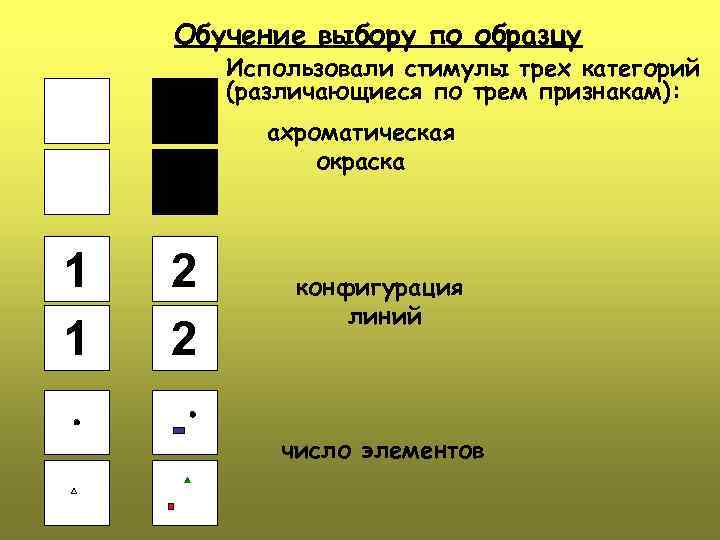 Обучение выбору по образцу Использовали стимулы трех категорий (различающиеся по трем признакам): ахроматическая окраска