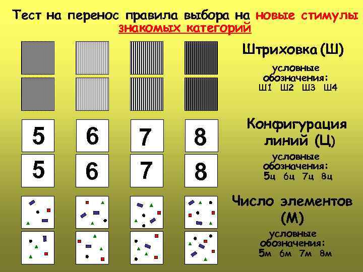 Тест на перенос правила выбора на новые стимулы знакомых категорий Штриховка (Ш) условные обозначения:
