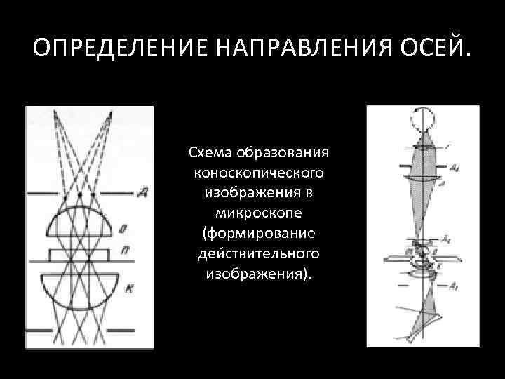 ОПРЕДЕЛЕНИЕ НАПРАВЛЕНИЯ ОСЕЙ.   Схема образования   коноскопического    изображения
