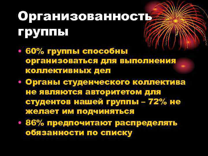 Организованность группы • 60% группы способны  организоваться для выполнения  коллективных дел •