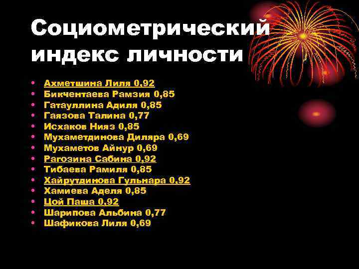Социометрический индекс личности •  Ахметшина Лиля 0, 92 •  Бикчентаева Рамзия 0,