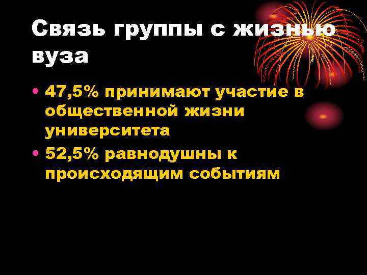 Связь группы с жизнью вуза • 47, 5% принимают участие в  общественной жизни