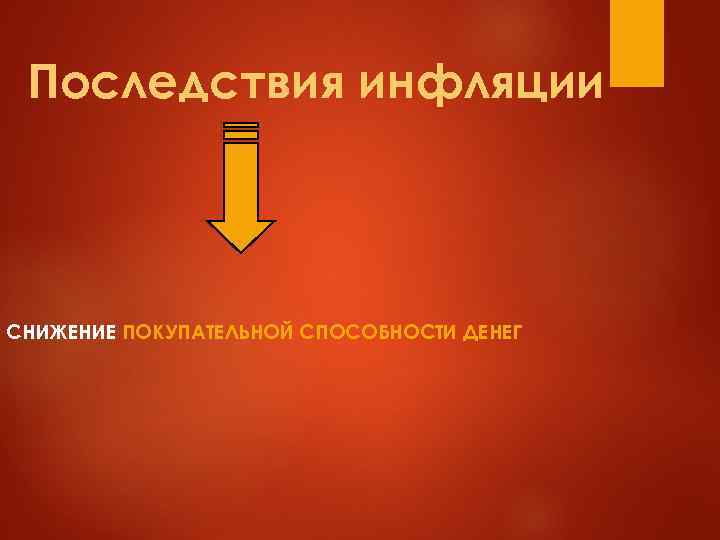  Последствия инфляции СНИЖЕНИЕ ПОКУПАТЕЛЬНОЙ СПОСОБНОСТИ ДЕНЕГ 