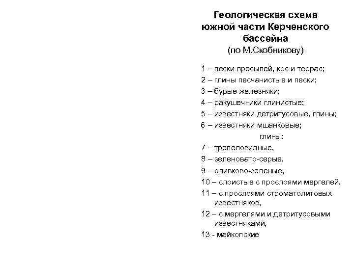  Геологическая схема южной части Керченского  бассейна  (по М. Скобникову) 1 –