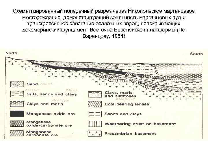 Схематизированный поперечный разрез через Никопольское марганцевое  месторождение, демонстрирующий зонльность марганцевых руд и трансгрессивное