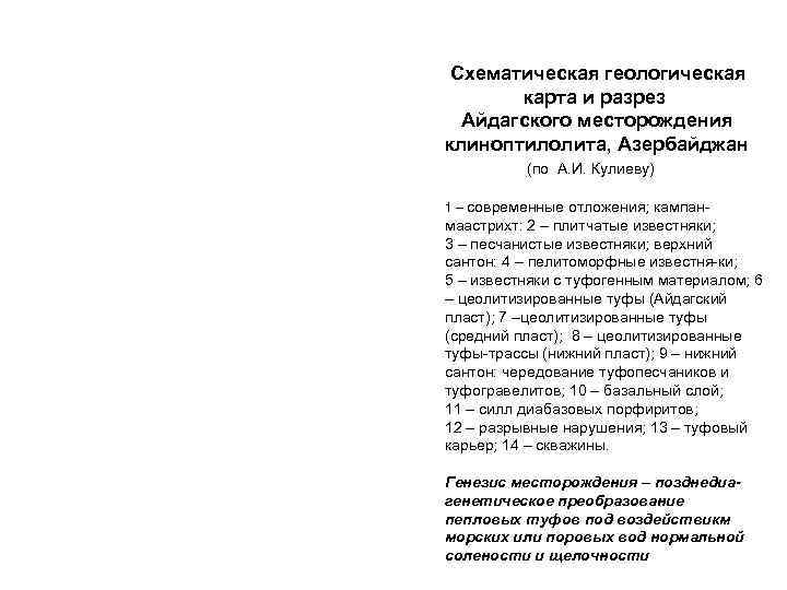  Схематическая геологическая  карта и разрез  Айдагского месторождения клиноптилолита, Азербайджан  (по