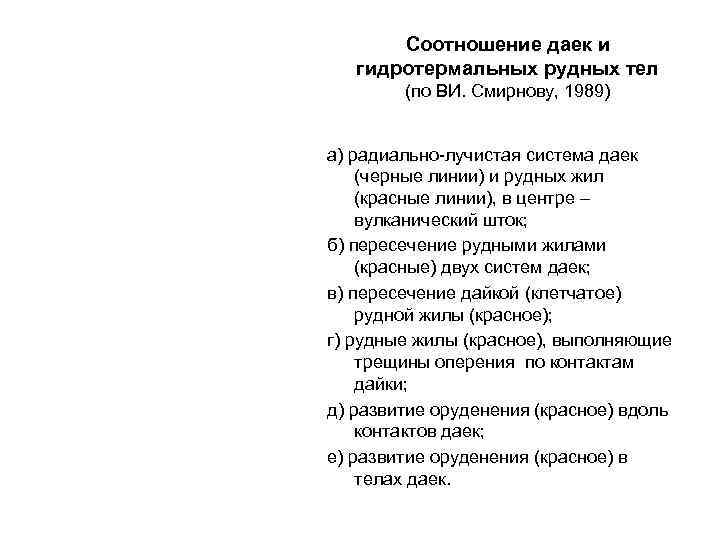   Соотношение даек и  гидротермальных рудных тел   (по ВИ. Смирнову,