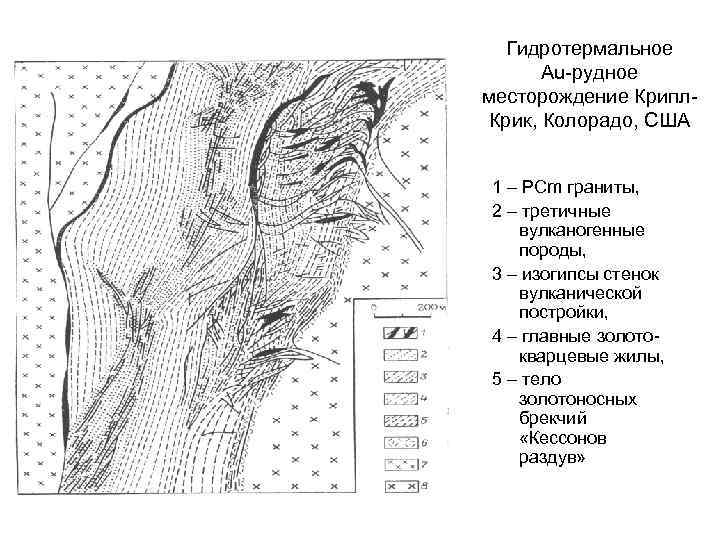  Гидротермальное  Au-рудное месторождение Крипл- Крик, Колорадо, США  1 – PCm граниты,