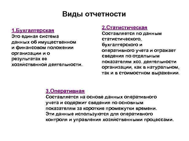 Виды отчетности 1. Бухгалтерская Это единая система данных об имущественном и финансовом положении организации