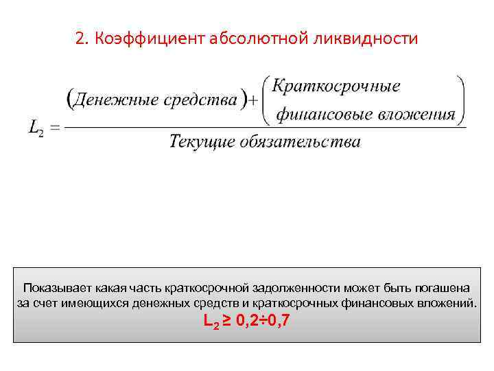 2. Коэффициент абсолютной ликвидности Показывает какая часть краткосрочной задолженности может быть погашена за счет