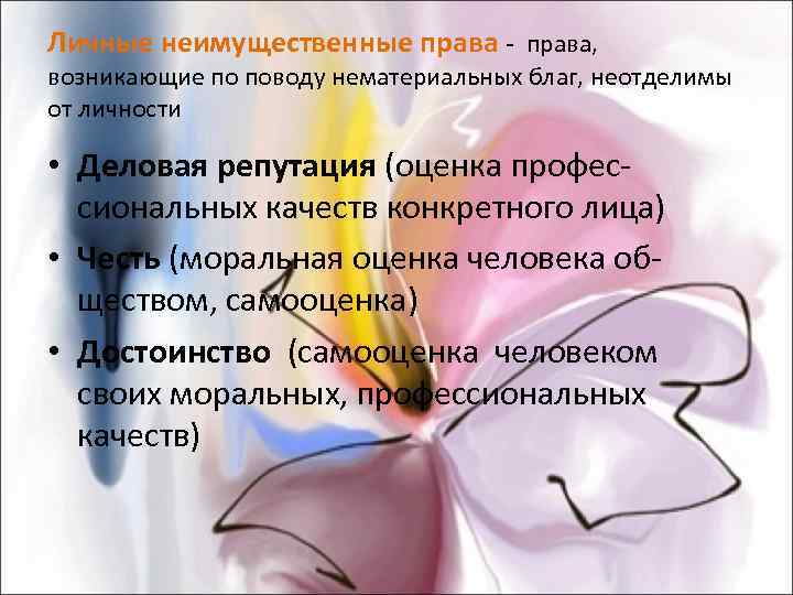 Личные неимущественные права - права, возникающие по поводу нематериальных благ, неотделимы от личности 