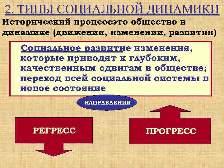 2. ТИПЫ СОЦИАЛЬНОЙ ДИНАМИКИ Исторический процессэто общество в    – динамике (движении,