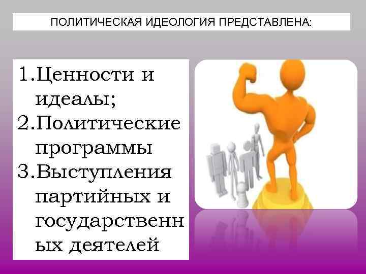 ПОЛИТИЧЕСКАЯ ИДЕОЛОГИЯ ПРЕДСТАВЛЕНА: 1. Ценности и идеалы; 2. Политические программы ПОЛИТИЧЕСКАЯ ИДЕОЛОГИЯ ПРЕДСТАВЛЕНА: 1. Ценности и идеалы; 2. Политические программы