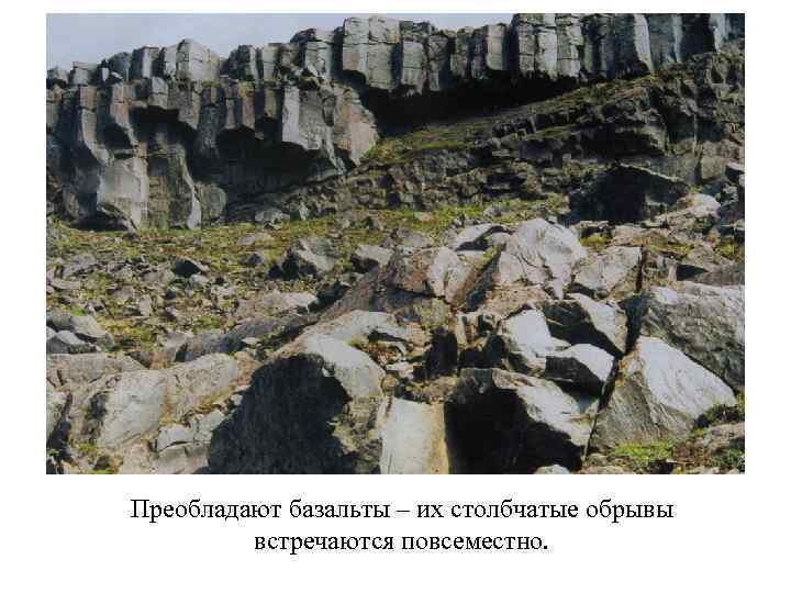 Преобладают базальты – их столбчатые обрывы встречаются повсеместно. 
