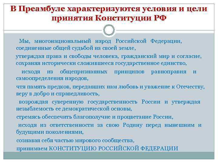 В Преамбуле характеризуются условия и цели   принятия Конституции РФ  Мы, многонациональный