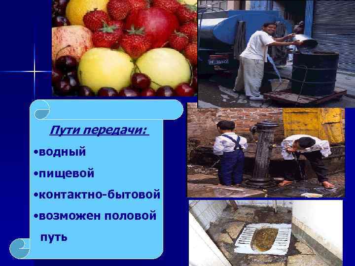  Пути передачи:  • водный • пищевой • контактно-бытовой • возможен половой путь