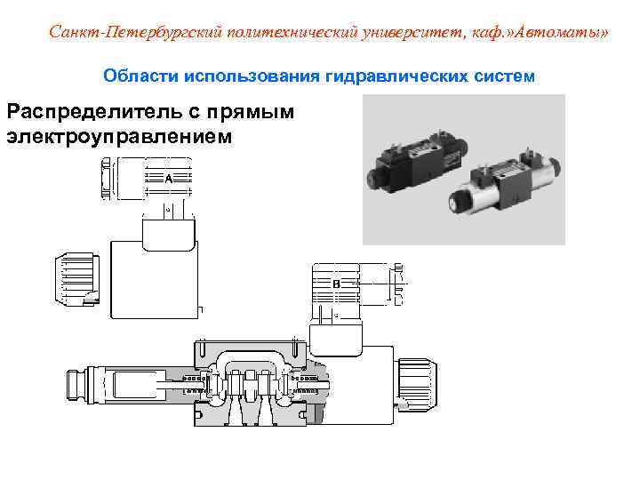   Санкт-Петербургский политехнический университет, каф. » Автоматы»  Области использования гидравлических систем Распределитель