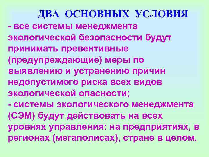 ДВА ОСНОВНЫХ УСЛОВИЯ - все системы менеджмента экологической безопасности будут принимать превентивные (предупреждающие) ДВА ОСНОВНЫХ УСЛОВИЯ - все системы менеджмента экологической безопасности будут принимать превентивные (предупреждающие)
