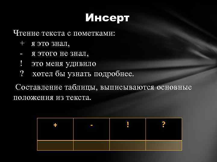     Инсерт Чтение текста с пометками: +  я это знал,