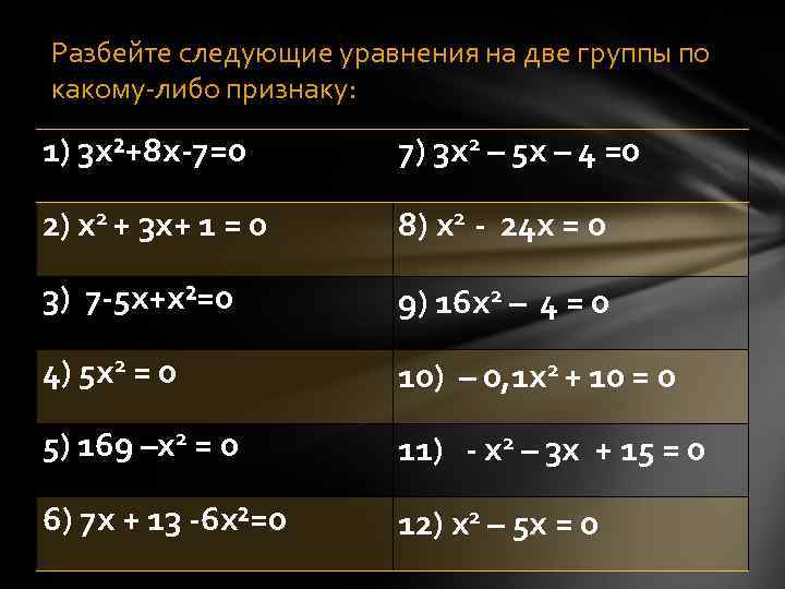 Разбейте следующие уравнения на две группы по какому-либо признаку:  1) 3 х²+8 х-7=0