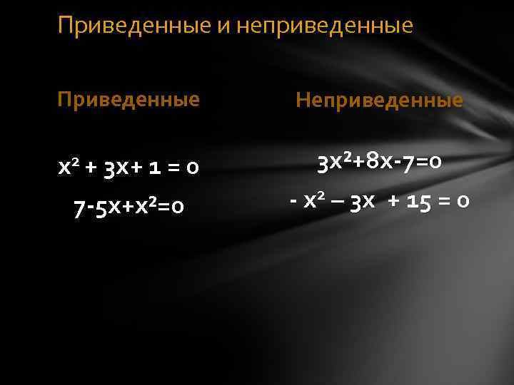 Приведенные и неприведенные Приведенные  Неприведенные х2 + 3 х+ 1 = 0 