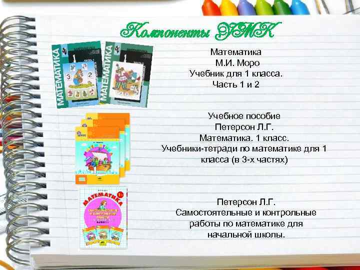 Компоненты УМК Математика М. И. Моро Учебник для 1 класса. Часть 1 и 2