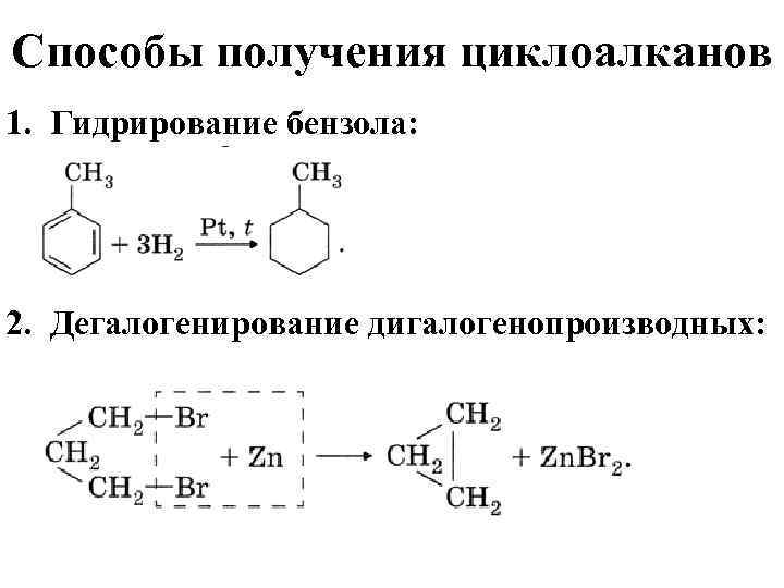 Способы получения циклоалканов 1. Гидрирование бензола: 2. Дегалогенирование дигалогенопроизводных: 
