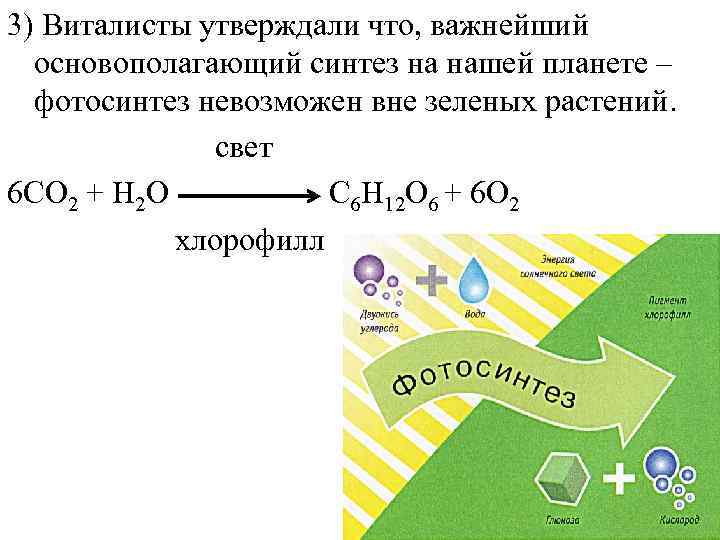 3) Виталисты утверждали что, важнейший  основополагающий синтез на нашей планете –  фотосинтез
