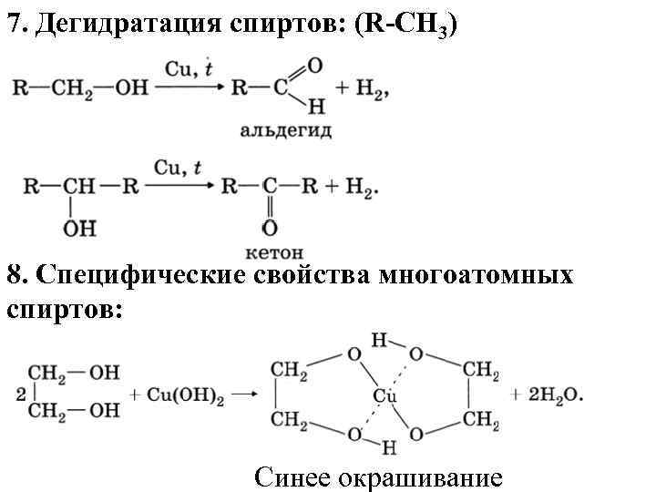 7. Дегидратация спиртов: (R-СH 3) 8. Специфические свойства многоатомных спиртов:    Синее