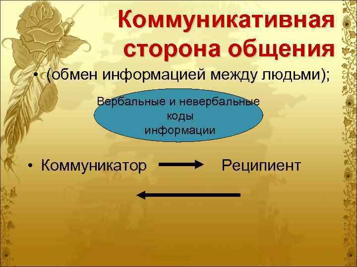   Коммуникативная  сторона общения • (обмен информацией между людьми);   Вербальные