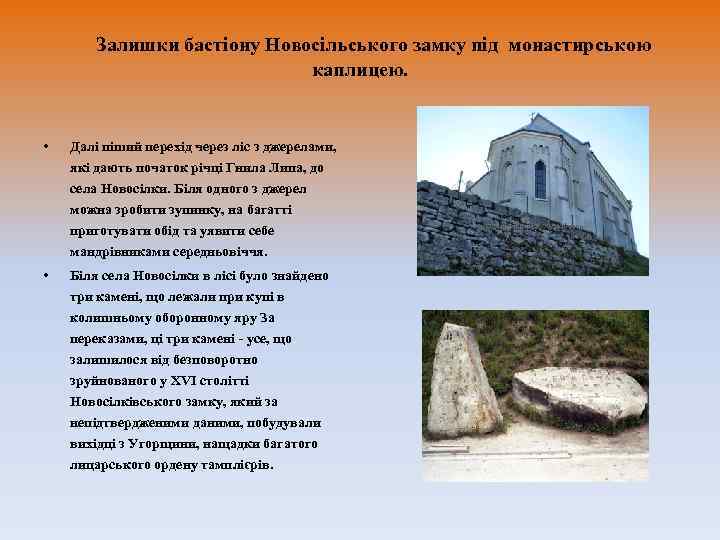   Залишки бастіону Новосільського замку під монастирською     каплицею. •