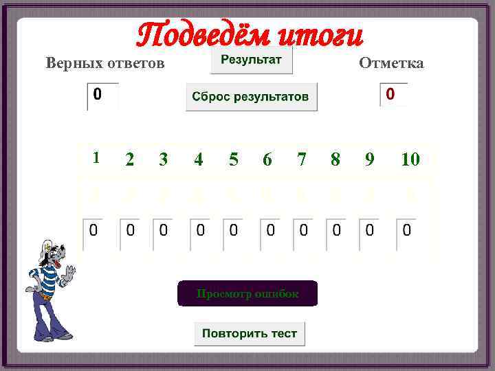    Подведём итоги Верных ответов     Отметка  