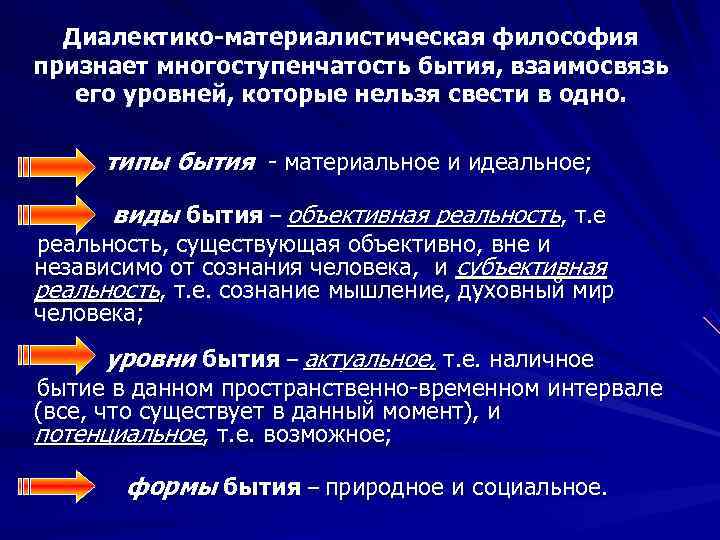   Диалектико-материалистическая философия  признает многоступенчатость бытия, взаимосвязь его уровней, которые нельзя свести