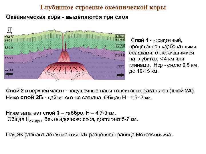 Глубинное строение океанической коры Океаническая кора - выделяются три слоя Слой 1 - осадочный,