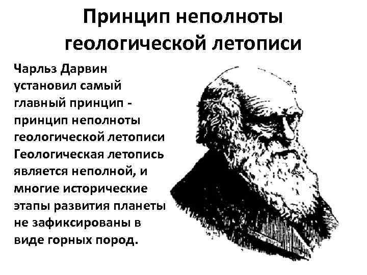 Принцип неполноты геологической летописи Чарльз Дарвин установил самый главный принцип - принцип неполноты геологической