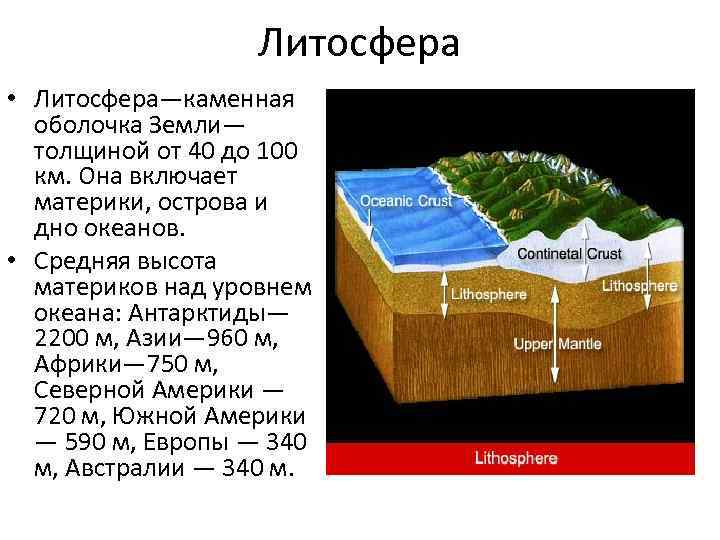 Литосфера • Литосфера—каменная оболочка Земли— толщиной от 40 до 100 км. Она включает материки,